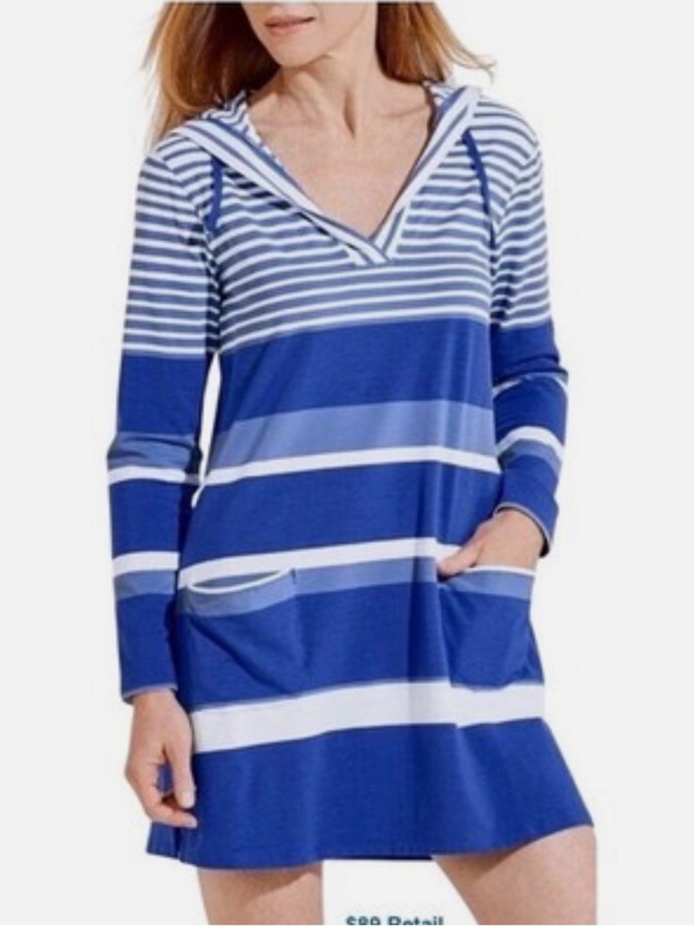 NWT Coolibar women’s small Catalina cover-up Blue & White striped hooded. UPF 50